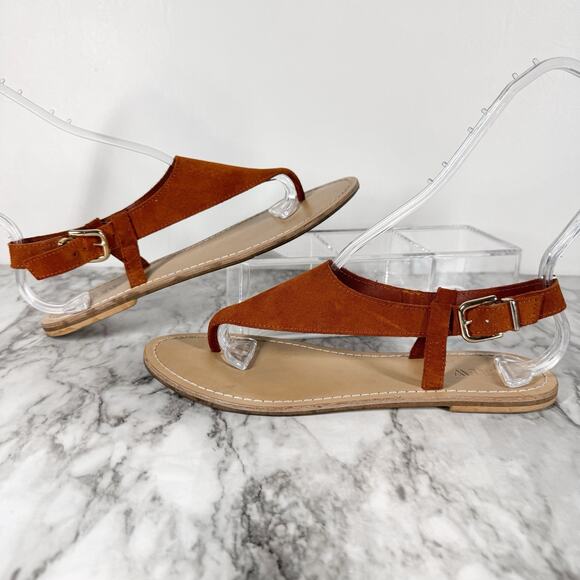 J. Crew Suede Thong Sandals Tan Size 9 Ankle Strap Gold Hardware - Picture 3 of 7